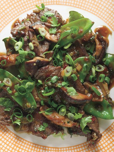 Beef, shiitake, and snow pea stir-fry