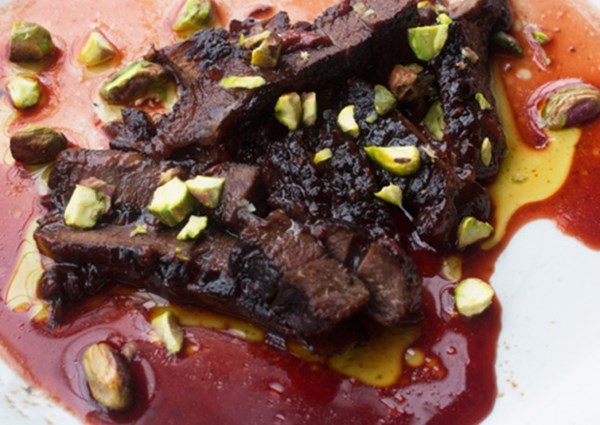 Beef shin cooked in pomegranate and beetroot juice