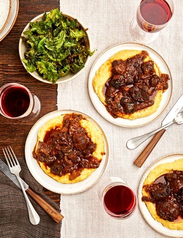 Beef shin with porcini and pickled walnuts, bone marrow polenta and crispy kale