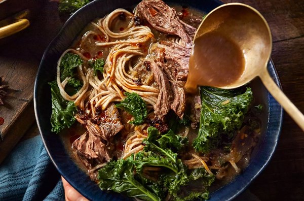 Beef short rib & kale noodle soup with chilli oil