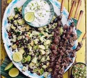 Beef skewers with chimichurri rice salad