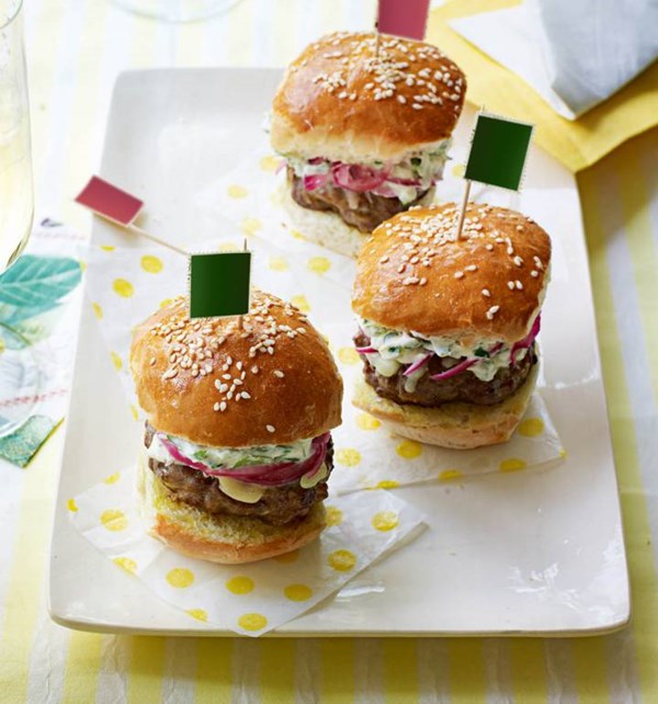 Beef sliders with cheddar, red onion pickle and watercress crème fraîche