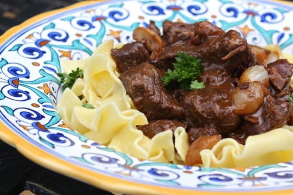 Beef stew in red wine, with bacon, onions, and mushrooms (Boeuf Bourguignon - Boeuf à la Bourguignonne)