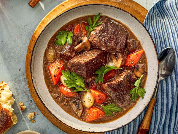Beef stew with red wine, mushrooms, and bacon (Boeuf Bourguignon)