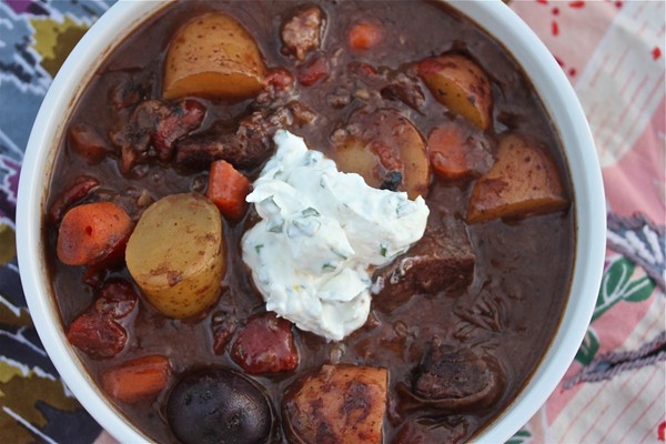 Beef stew with red wine and horseradish-chive cream