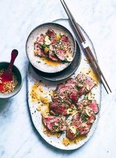 Beef tataki with garlic chips and ponzu onion dressing