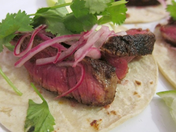 Beef tenderloin and pickled onion tacos