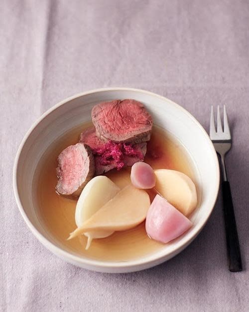 Beef tenderloin poached in onion broth