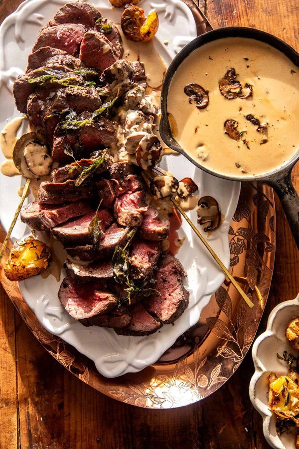 Beef tenderloin roast with Marsala cream sauce and smashed potatoes