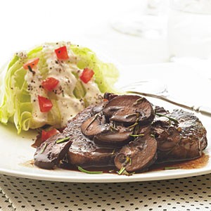 Beef tenderloin steaks with red wine-mushroom sauce