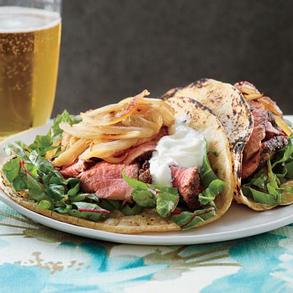 Beef tenderloin, Swiss chard, and caramelized fennel tacos