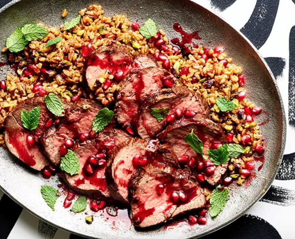 Beef tenderloin with pomegranate sauce & farro pilaf