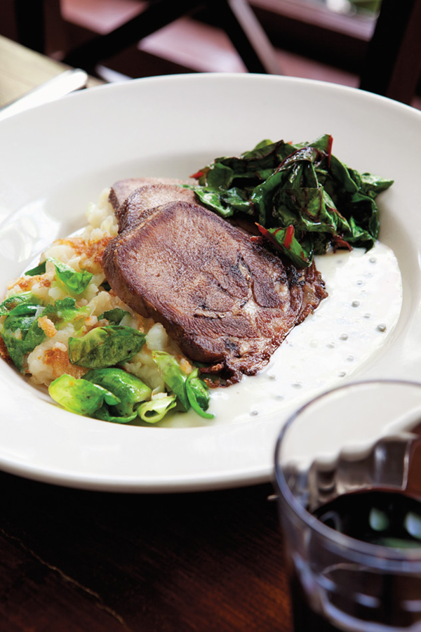 Beef tongue with caper Béchamel sauce, bubble and squeak & Swiss chard