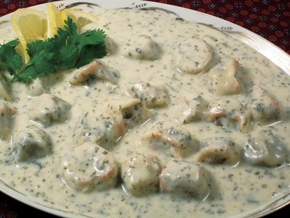 Beef tortellini in cilantro yogurt (Sheesh barak)