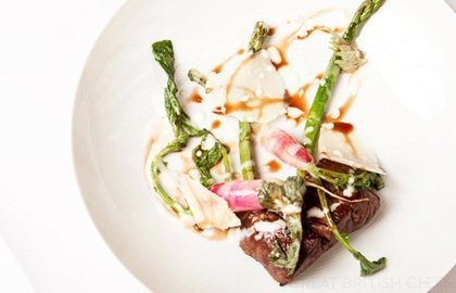 Beef with asparagus, hogweed, radish and Parmesan