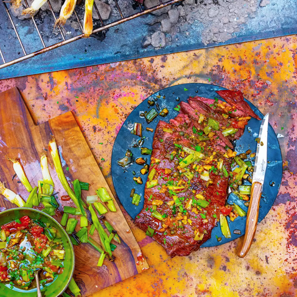 Beef with charred spring onion sauce
