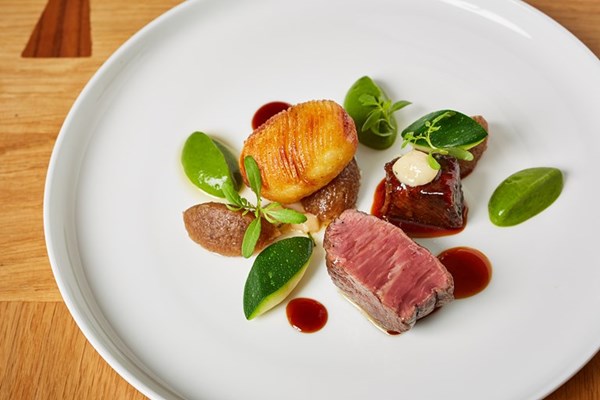  Beef with courgettes, Jersey Royals and Old Winchester cheese