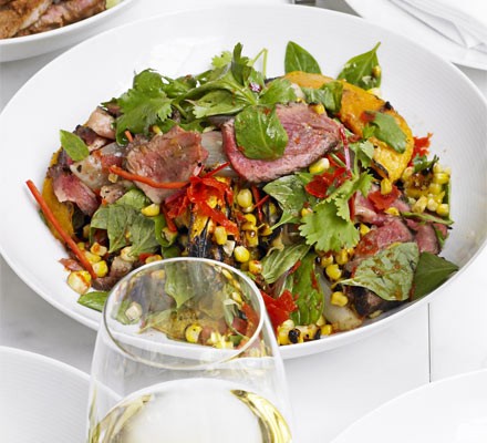 Beef with grilled pumpkin, corn, basil and chilli