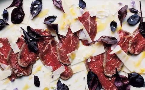 Beef with red leaves and ewe's milk cheese carpaccio