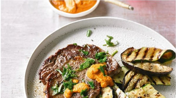 Beef with romesco sauce, chargrilled zucchini and eggplant