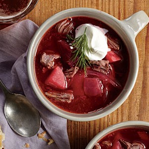 Beefy pressure cooker borscht with dill cream