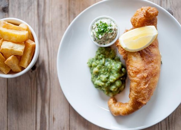 Beehive fish and chips, mushy peas, tartare sauce 