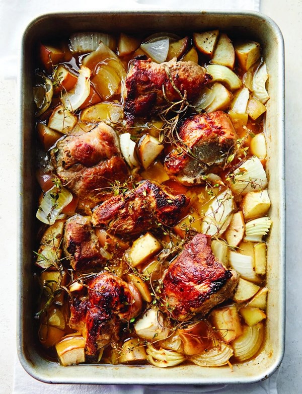 Beer-and-honey-glazed pork loin with roasted apples