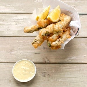 Beer-battered asparagus with lemon and gherkin aioli