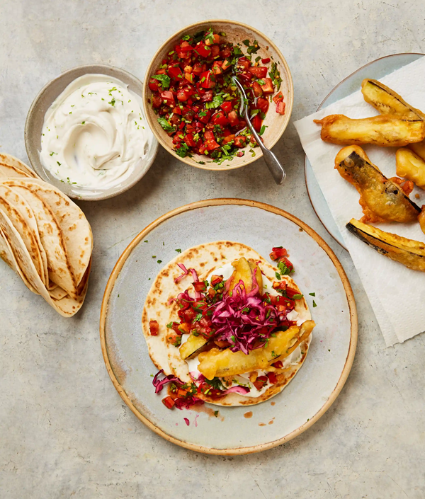 Beer-battered aubergines tacos