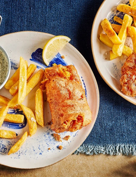 Beer battered cod with pickle tartare sauce