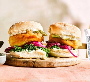 Beer-battered fish burgers