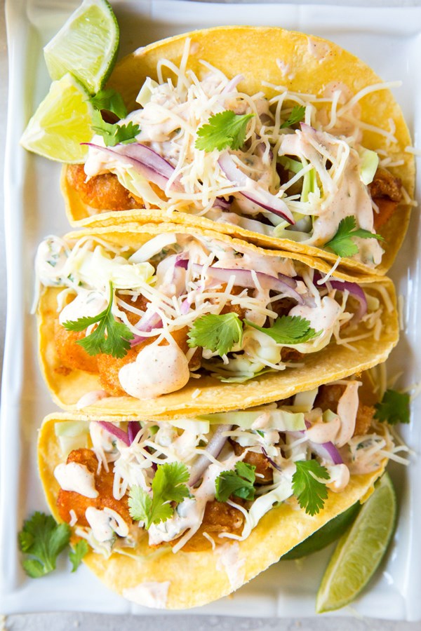 Beer battered fish tacos with Baja sauce