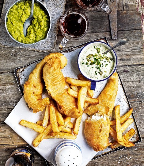 Beer-battered fish with mushy peas, tartare sauce and triple-cooked chips