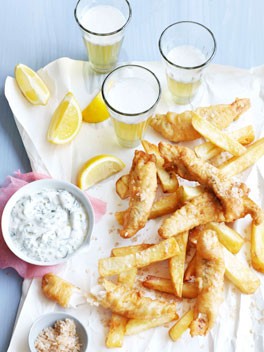 Beer-battered flathead with salt and vinegar chips