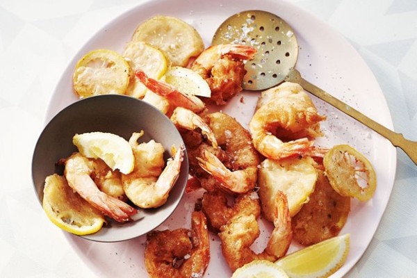 Beer-battered lemon and prawns