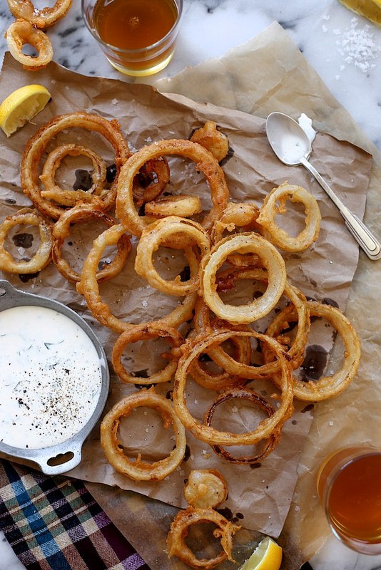 Beer battered onion rings and buttermilk ranch dressing