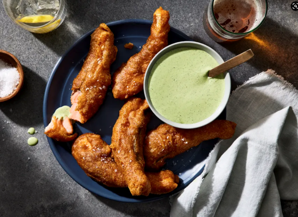 Beer-battered salmon with jalapeño ranch