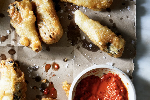 Beer-battered sardines with harissa