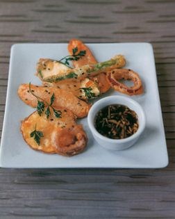 Beer-battered vegetables with ginger soy dipping sauce