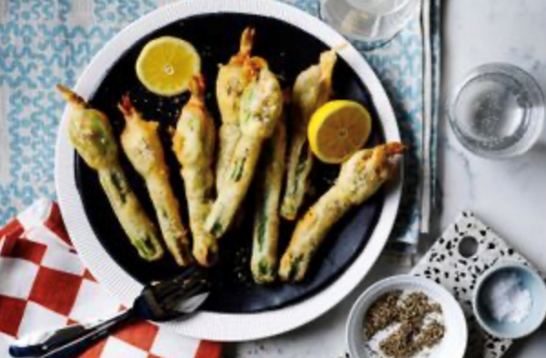 Beer-battered zucchini flowers with anchovies and mozzarella
