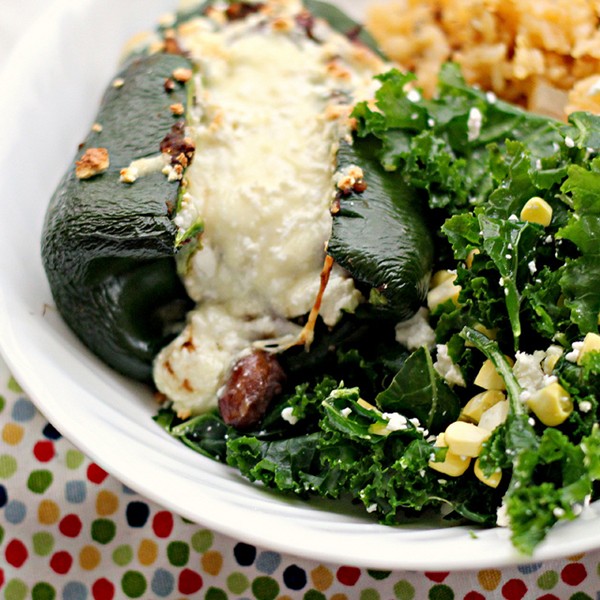 Beer bean- and cotija-stuffed poblanos