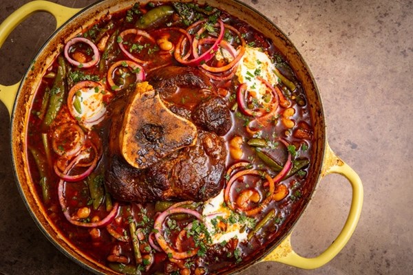 Beer-braised beef and white bean chilli with spring vegetables