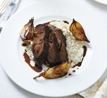 Beer-braised beef cheek, pearl barley risotto, malted onions & ale sauce