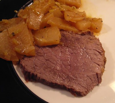 Beer braised beef with leeks and kohlrabi