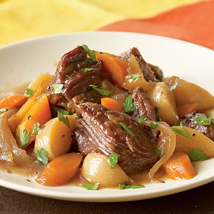 Beer-braised beef with onion, carrot, and turnips