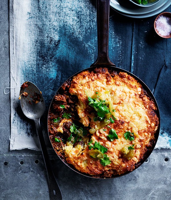 Beer-braised brisket pie with tomatillo salsa