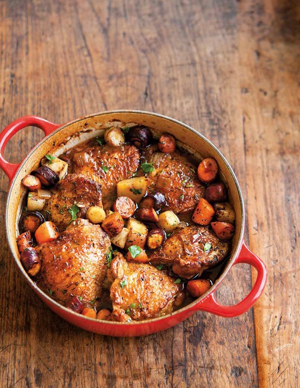 Beer-braised chicken thighs