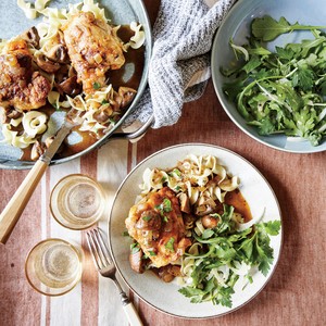 Beer-braised ckicken thighs with cremini mushrooms