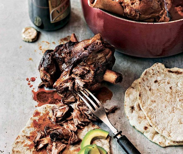 Beer-braised lamb shank taco
