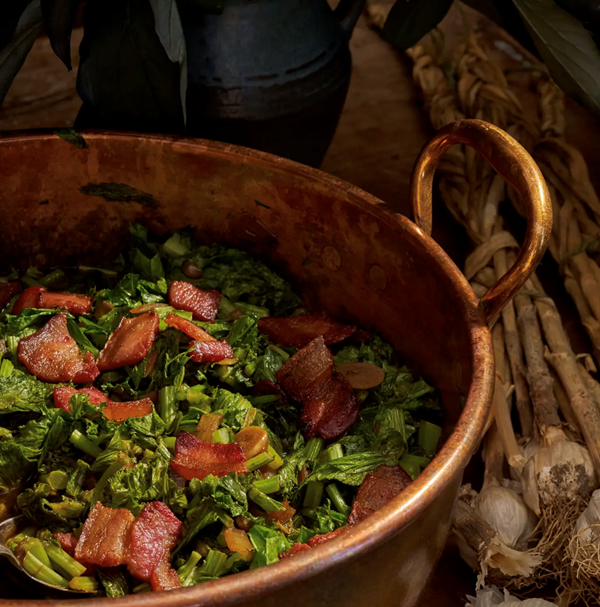 Beer-braised mustard greens with boar bacon [Janie Ramirez]